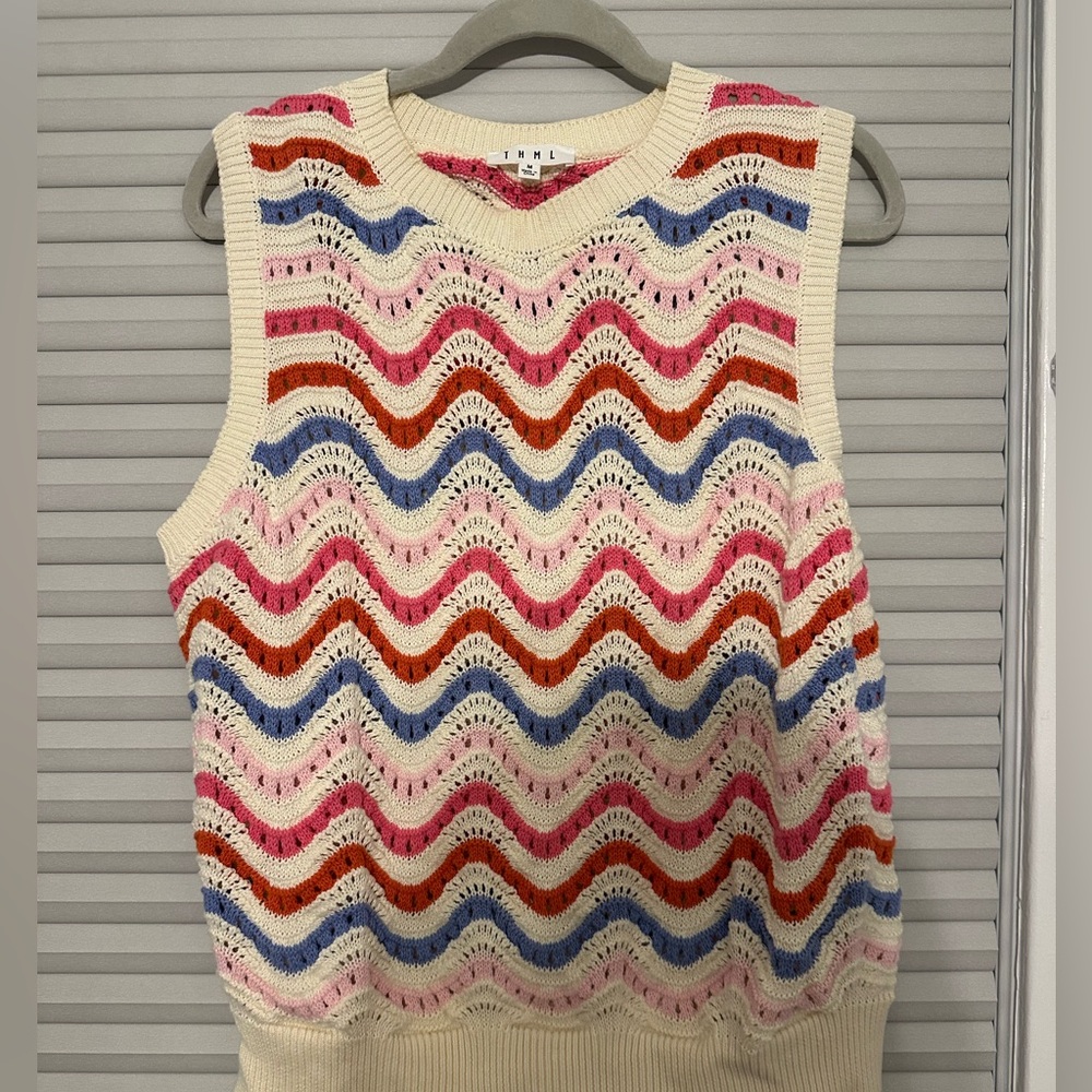 THML Cream Crochet V-Neck Sweater Vest with Pink, Red & Blue Waves - Picture 3 of 5